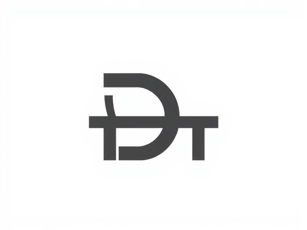 A clean, abstract mark combining a stylized 'D' with an arched line representing a desk, minimalist, scalable, charcoal gray on a white circle, high-contrast vector style.